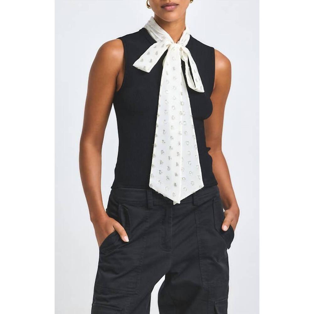 NEW DEREK LAM 10 CROSBY calista mixed media tie neck sweater in black-cream